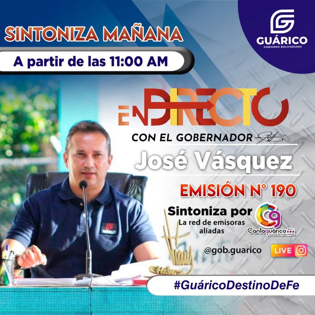 Desde el Parlamento Guariqueño, te invitamos a sintonizar y participar en la emisión N• 190 del programa “En Directo con el Gobernador“ a través de Cantaguarico 91.3fm o por el en VIVO de la cuenta en Instagram <a href="/josemvasquez1/">Josep camilo</a> a partir de la 11:00am.

#GuáricoDestinoDeFe