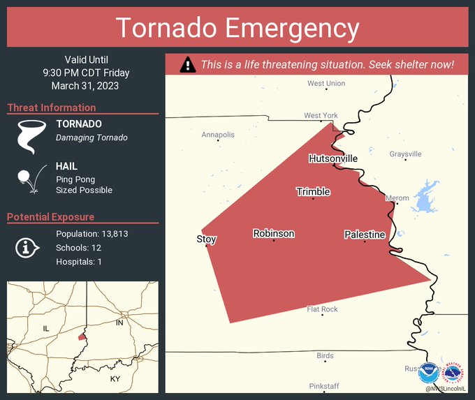 This graphic displays a tornado emergency plotted on a map. The warning is in effect until 9:30 PM CDT. The warning includes Robinson IL, Palestine IL and Hutsonville IL.  This warning is for Southeastern Jasper County Is Cancelled. The threats associated with this warning are a observed tornado and ping pong sized hail. There are 13,813 people in the warning along with 12 schools and 1 hospital.