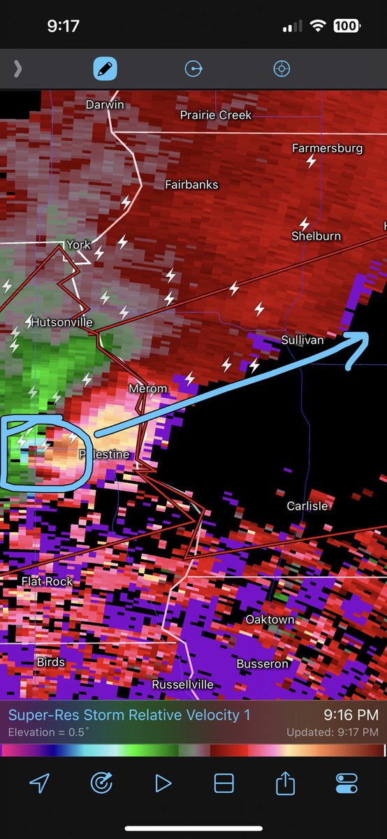 CC_StormWatch's tweet photo. Tornado EMERGENCY for Palestine, Metin and Sullivan. A very large and destructive #tornado is entering Palestine and should cross the Wabash River soon. Get underground if you can! This is a life threatening situation. #INwx #ILwx https://t.co/ipQ2RTtY2j