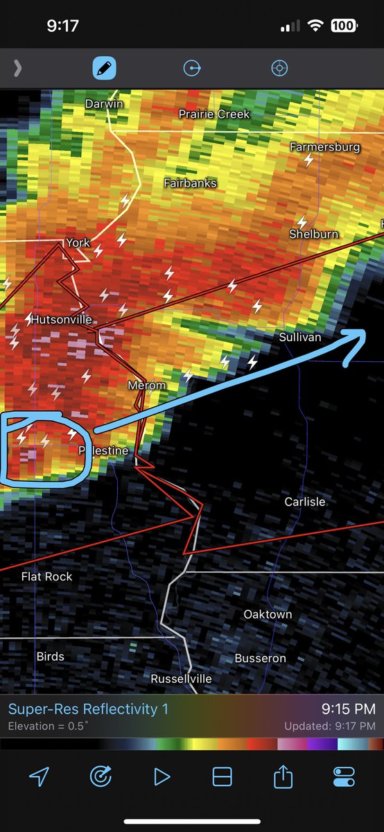 CC_StormWatch's tweet photo. Tornado EMERGENCY for Palestine, Metin and Sullivan. A very large and destructive #tornado is entering Palestine and should cross the Wabash River soon. Get underground if you can! This is a life threatening situation. #INwx #ILwx https://t.co/ipQ2RTtY2j