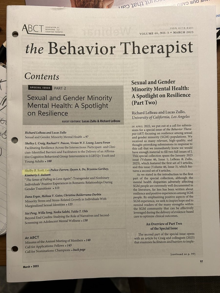 👏👏 New article alert! 

My team's article on positive experiences in trans/NB relationships during gender transitions is available in the Behavior Therapist. Very honored for this to come out just in time for #transgenderdayofvisibility