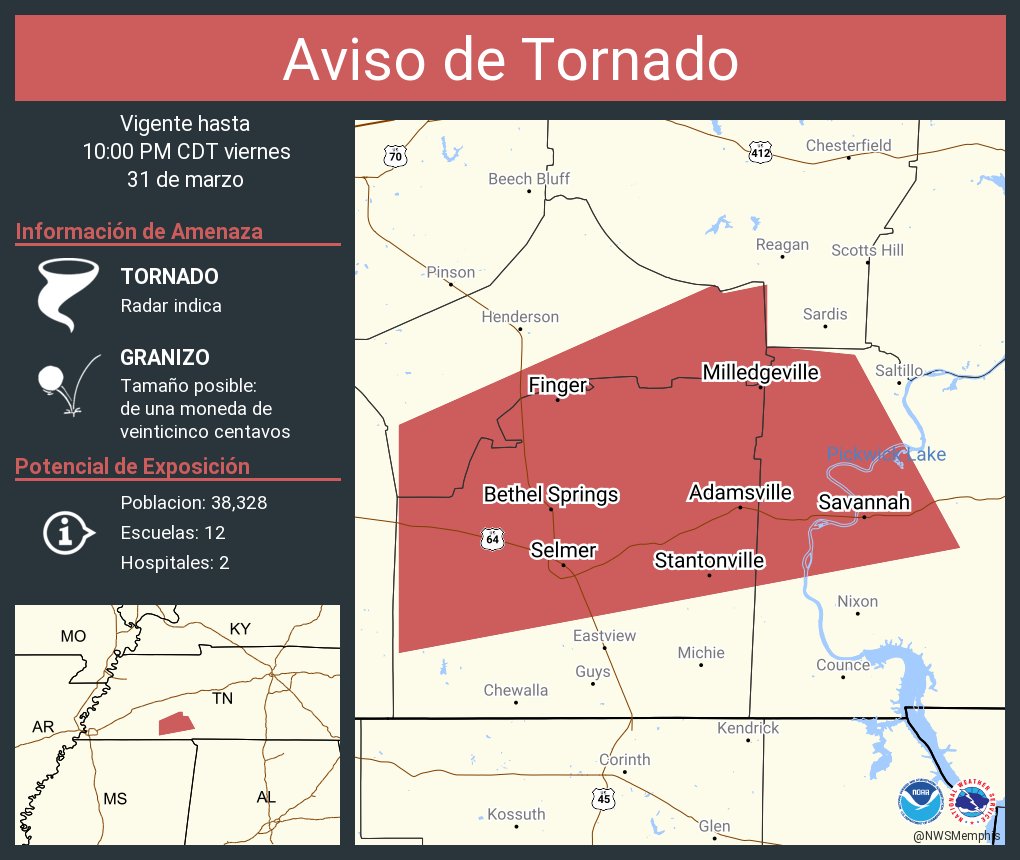 NWS Memphis on Twitter "Aviso de Tornado continúa Savannah TN, Selmer