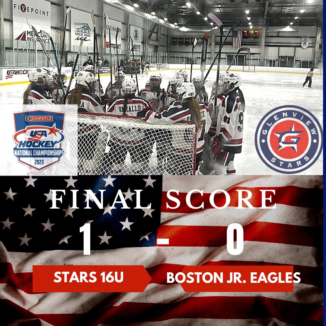 🇺🇸✨Our 16U Girls take the win tonight over #3 ranked Boston Jr. Eagles at Nationals in game 2!
Great game Stars!

#WeAreTheStars #USAHNationals 
@usahockey @AHAI_1 @NIHL_Hockey @BioSteelSports @GlenviewVillage @GlenviewPkDist