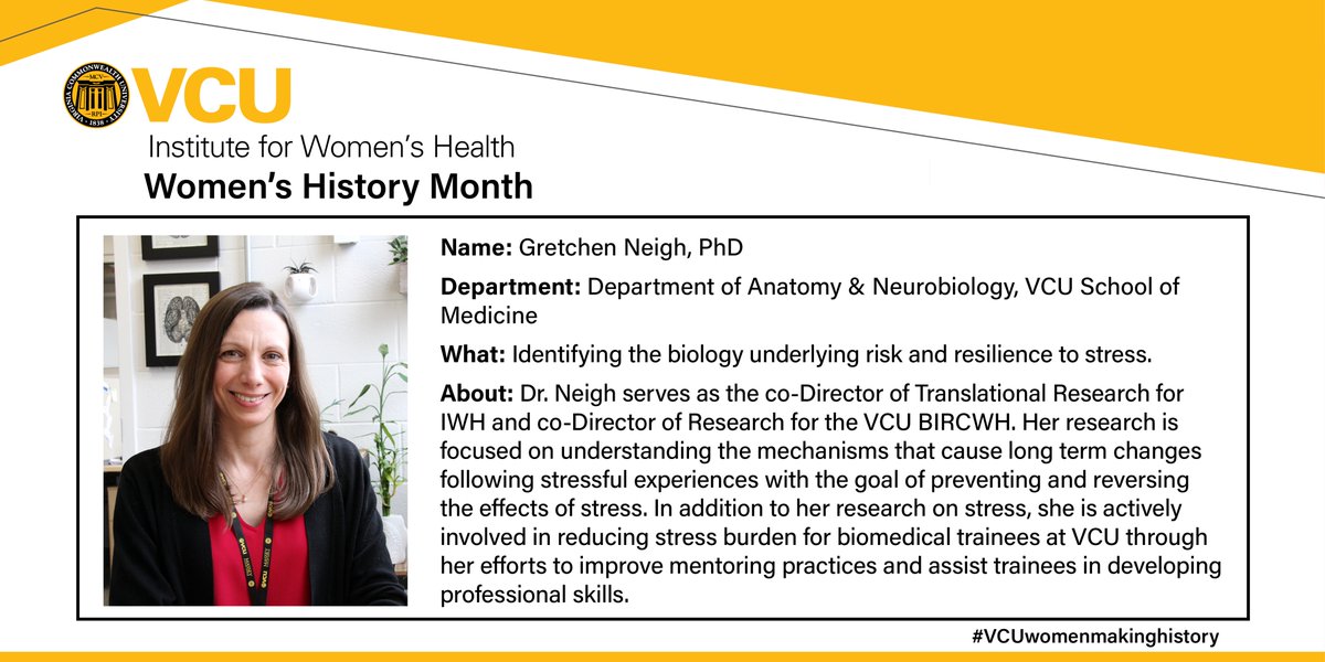IWHVCU (@iwhvcu) on Twitter photo On the final day of #WomensHistoryMonth2023 and #VCUwomenmakinghistory we highlight the work of <a href="/GretchenNeigh/">Gretchen Neigh</a>, whose research focuses on identifying the biology underlying #risk and #resilience to stress. Thank you for inspiring us, Dr. Neigh! On the final day of #WomensHistoryMonth2023 and #VCUwomenmakinghistory we highlight the work of <a href="/GretchenNeigh/">Gretchen Neigh</a>, whose research focuses on identifying the biology underlying #risk and #resilience to stress. Thank you for inspiring us, Dr. Neigh!