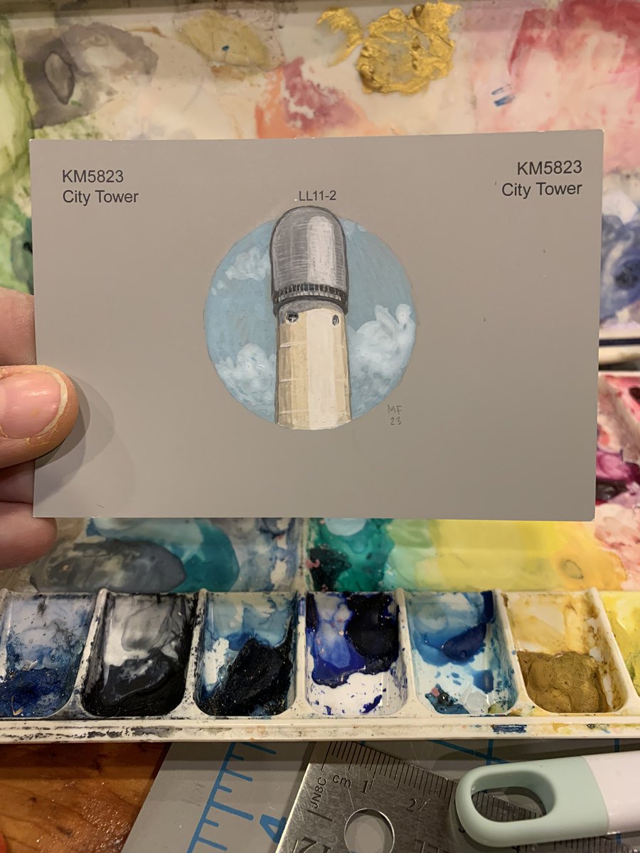 #the100dayproject day 34 - City Tower - #Watercolor painting on a @kellymoorepaint paint swatch. Yay! It’s our iconic @YpsiWaterTower! 

#painting #watercolorist #art #artist  #tinyart #miniart #miniaturepainting #paintchips #paintswatch #realisticart #ypsireal #ypsilanti