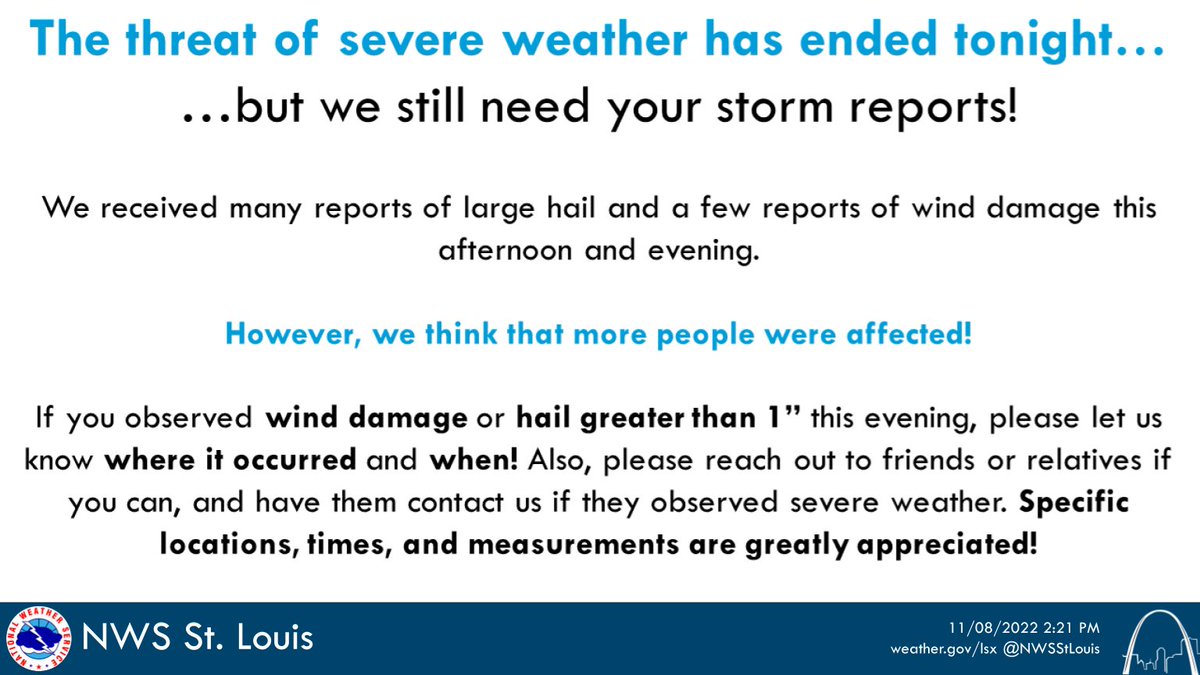 NWSStLouis's tweet photo. The threat of severe storms has ended locally this evening, but continues in areas farther east. However, we're still in need of your reports! If you or anyone you know observered severe weather or storm damage, let us know! #MOwx #ILws #STLwx #MidMOWx https://t.co/ts7G34UZMQ