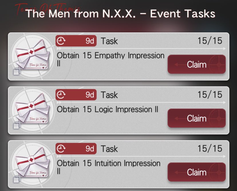 vixiiiart's tweet image. #TearsofThemis Don&apos;t forget this easy task~ 😉 Basic and Advanced Cases have 20 of each Impressions II. #gametips