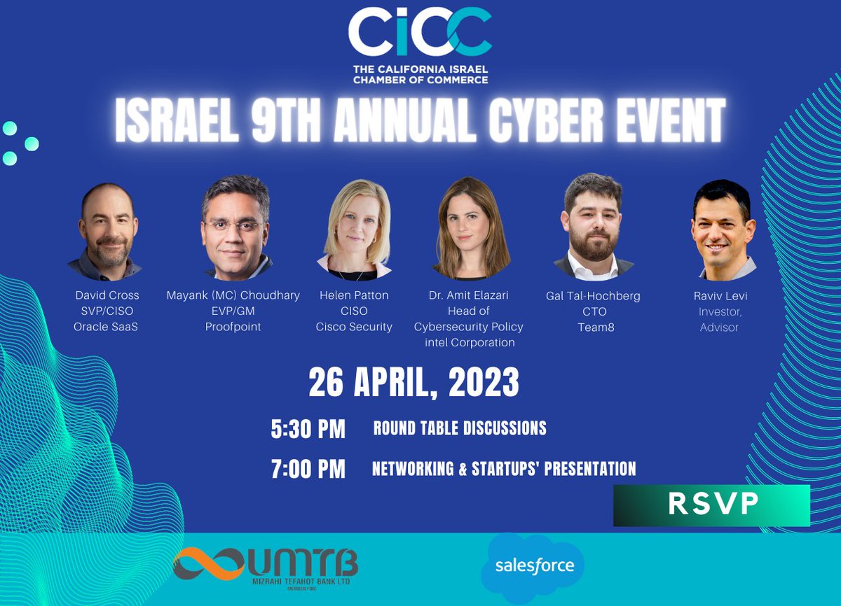 Check out Israel 9th Annual Cyber Event @ RSA, and meet the Israeli #cybersecurity #community and our international partners.

Join us for an open #Discussion  with expert speakers, #networking #opportunities , and a gourmet food.

Sign up : eventbrite.com/e/israel-9th-a…