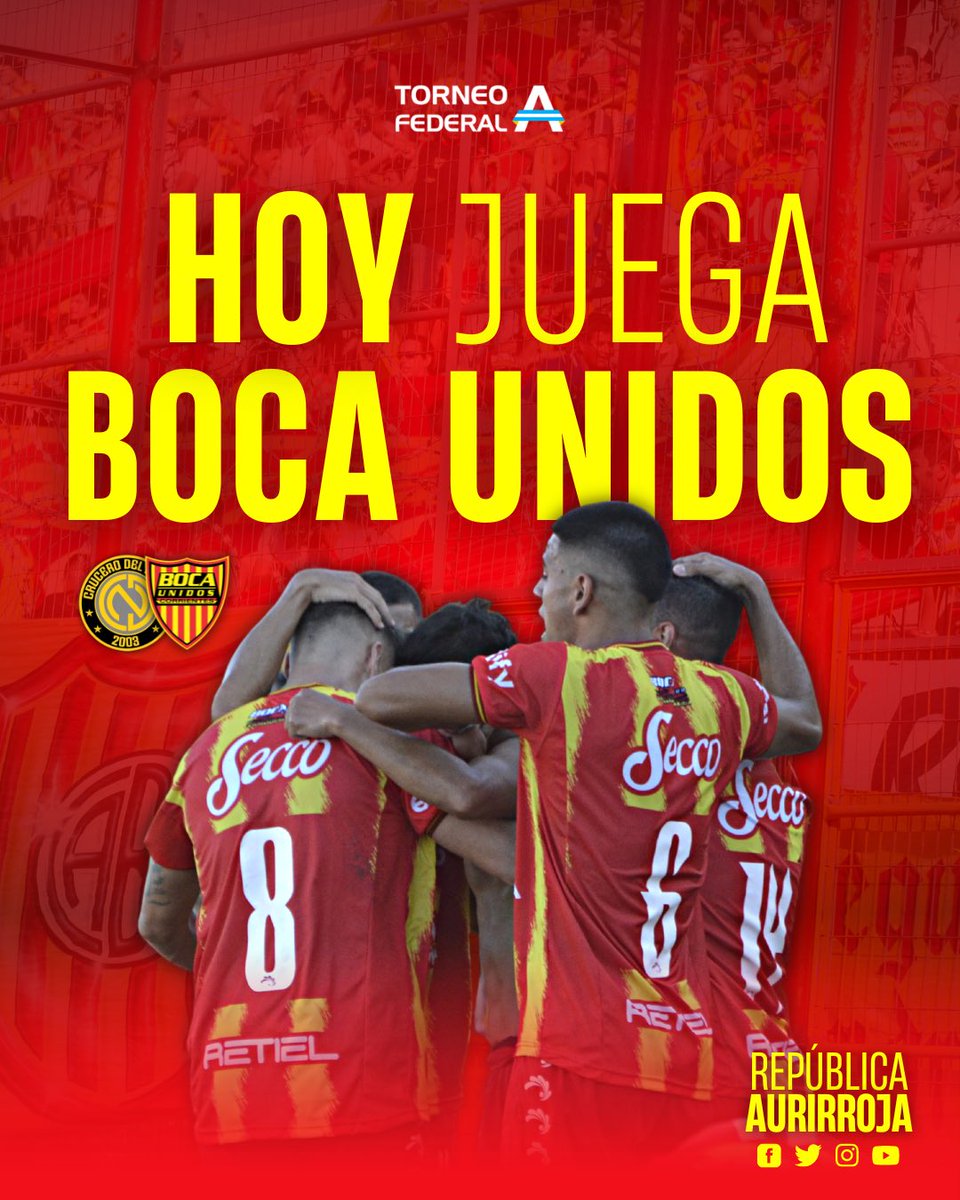 BocaUnidosRA's tweet photo. 𝗛𝗢𝗬 #JuegaBocaUnidos 🥳⚽️
🆚 #CruceroDelNorte
🏆 #FederalA - Fecha 4
⏰ 16:30
🏟 Estadio Comandante Andrés Guacurarí
📺 #RAStreaming (YouTube)
#VamosAurirrojo ❤️💛 https://t.co/EKO6tpsD28