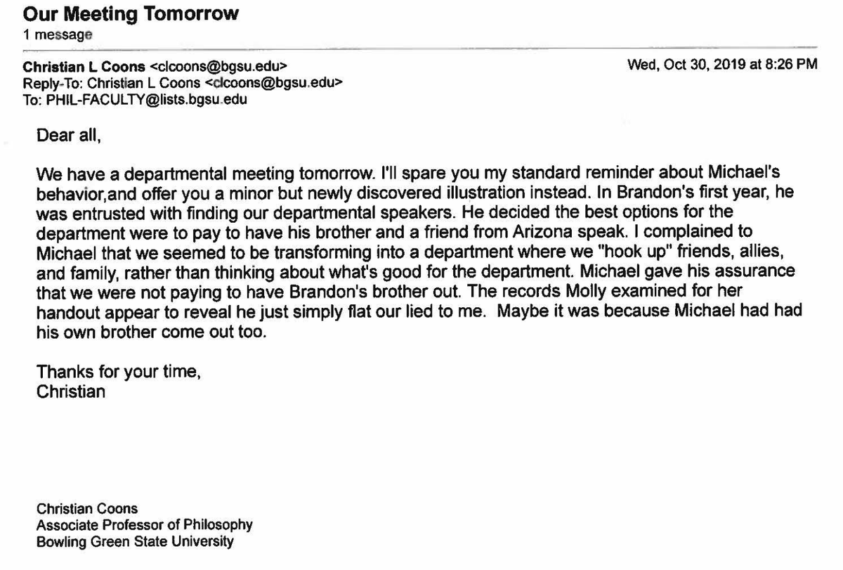 FormoftheFalcon's tweet photo. @coons_christian @bgsu One of the emails reported by Brandon Warmke to @bgsu investigator James Ciesla as harassment. https://t.co/f2fdJMJSK2
