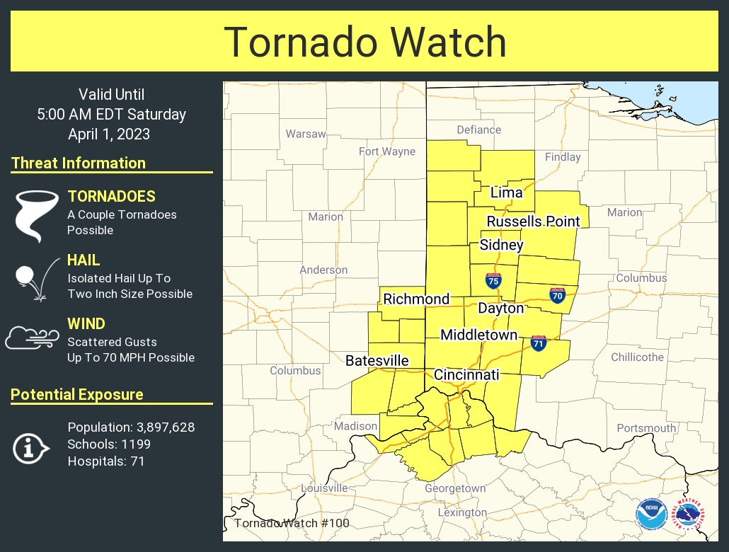A tornado watch has been issued for parts of Indiana, Kentucky and Ohio until 5 AM EDT