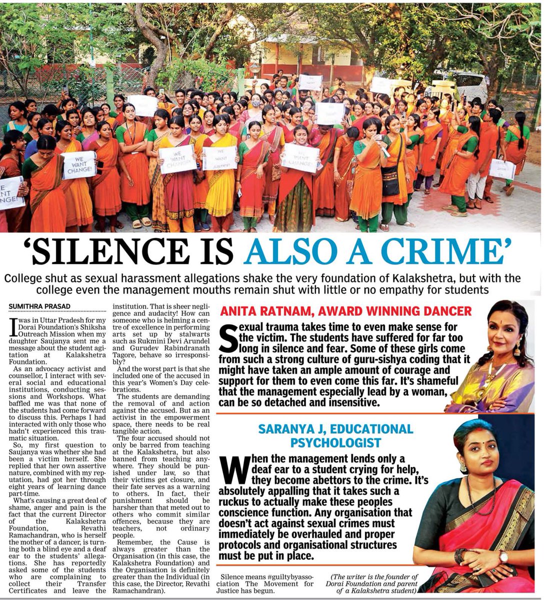 When you are in an administrative role , you have the extra responsibility to handle sexual harassment cases sensibly and not be ignorant about it . 

Thanks <a href="/talktoapsara/">Apsara R</a> akka for this article in Deccan Chronicle which is the need of the moment . 

<a href="/NCWIndia/">NCW</a> <a href="/khushsundar/">KhushbuSundar</a>