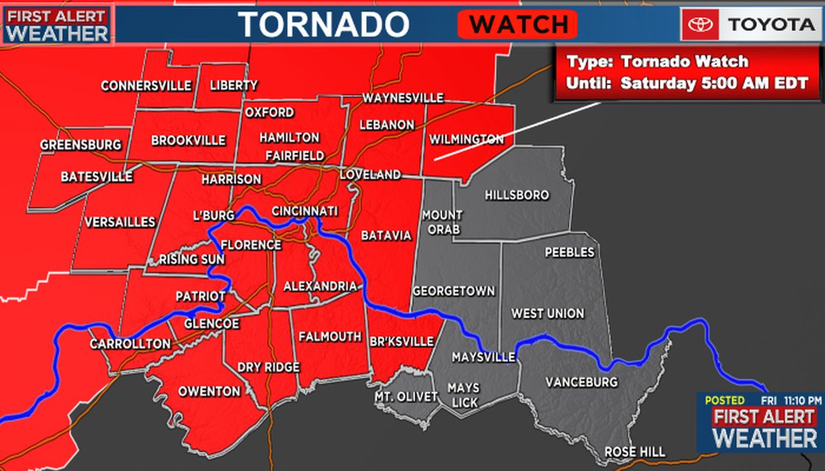 A ***TORNADO WATCH*** has been issued for the FOX19 NOW viewing area. For more information go to fox19.com or the radar screen of the First Alert Weather App.