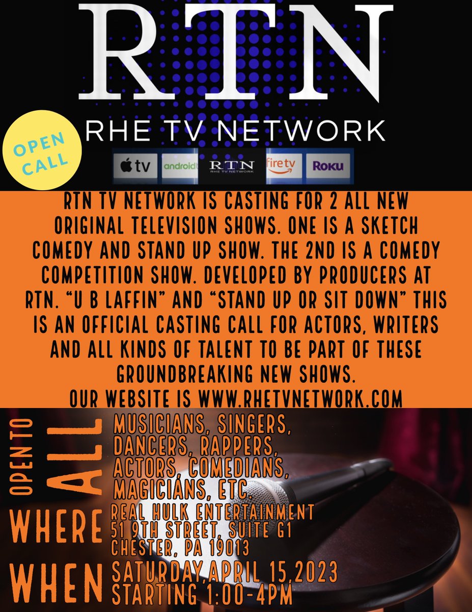 RealHulkEnt's tweet photo. April 15, 2023 at Real Hulk Entertainment (51 9th St Suite G1, Chester, PA 19013) from 1:00PM to 4:00PM, be there! 
We re casting for two new shows hitting RTN-RHE TV! Further your career and come to the casting. Please  reach out to us at rhetvnetwork@gmail. https://t.co/R6sZkjtfMC