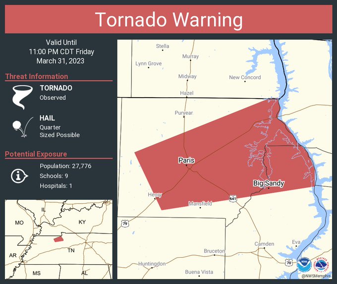 This graphic displays a tornado warning plotted on a map. The warning is in effect until 11:00 PM CDT. The warning includes Paris TN and Big Sandy TN.  This warning is for Northeastern Benton and Central Henry Counties. The threats associated with this warning are a observed tornado and quarter sized hail. There are 27,776 people in the warning along with 9 schools and 1 hospital.