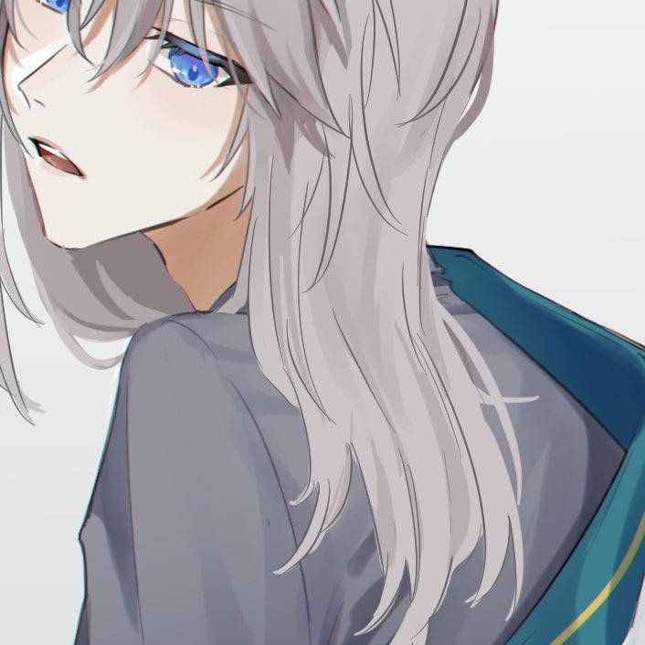 solo blue eyes grey hair white background open mouth long hair looking at viewer  illustration images
