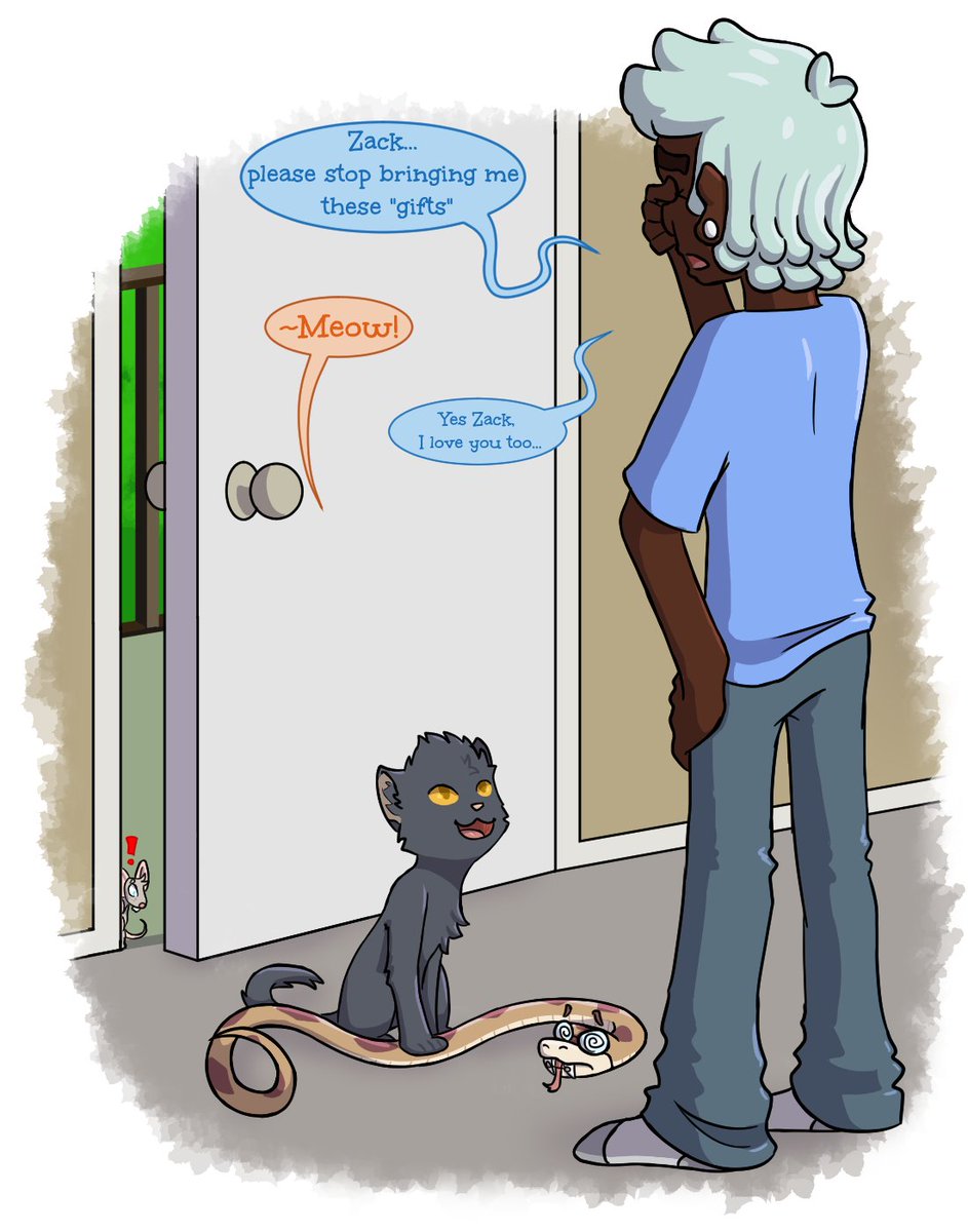Hydez_Artz's tweet photo. Zack being the occasionally cat-brained werecat that he is, brings his boyfriend a "gift" who just so happens to be a dazed Conner from @TransformARTive  #WouldveBitYou, with a very concerned Evan onlooking, https://t.co/NNvVzu4SnU