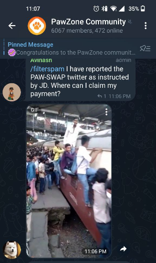 Dezaxe's tweet photo. A user of official pawzone telegram account claims that he reported pawswap accounts following orders from Jds Updates.

📷 https://t.co/fVB9HRKJko