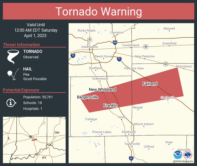 This graphic displays a tornado warning plotted on a map. The warning is in effect until 12:00 AM EDT. The warning includes Franklin IN, New Whiteland IN and Whiteland IN.  This warning is for Southeastern Morgan County Is Cancelled. The threats associated with this warning are a observed tornado and pea sized hail. There are 55,761 people in the warning along with 18 schools and 1 hospital.