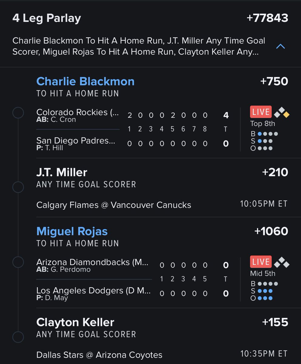 JuiceBoxBets's tweet photo. Blackmon HR (+750) ✅✅✅ grabbed that in a few lays. Hope the rest of this lotto can see green #HR #AnytimeGoal #GamblingTwitter https://t.co/7Q7GljiOJx