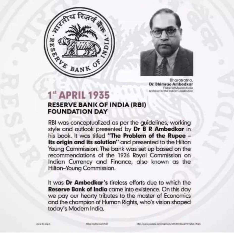 KhushiBsp's tweet photo. 1 अप्रैल सन 1935 को बाबासाहेब डॉ॰ भीमराव #आंबेडकर जी ने भारतीय रिजर्व बैंक की स्थापना में अहम भूमिका निभाई, उनके द्वारा लिखित पुस्तक - "The Problem of the Rupee" के अनुसार प्रदान किये गए दिशा-निर्देशों या निर्देशक सिद्धांत के आधार पर भारतीय रिजर्व बैंक की स्थापना हुई। https://t.co/iWxC4P72lP