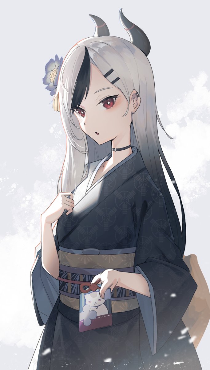 kayoko (blue archive) 1girl obi solo horns japanese clothes black hair kimono  illustration images