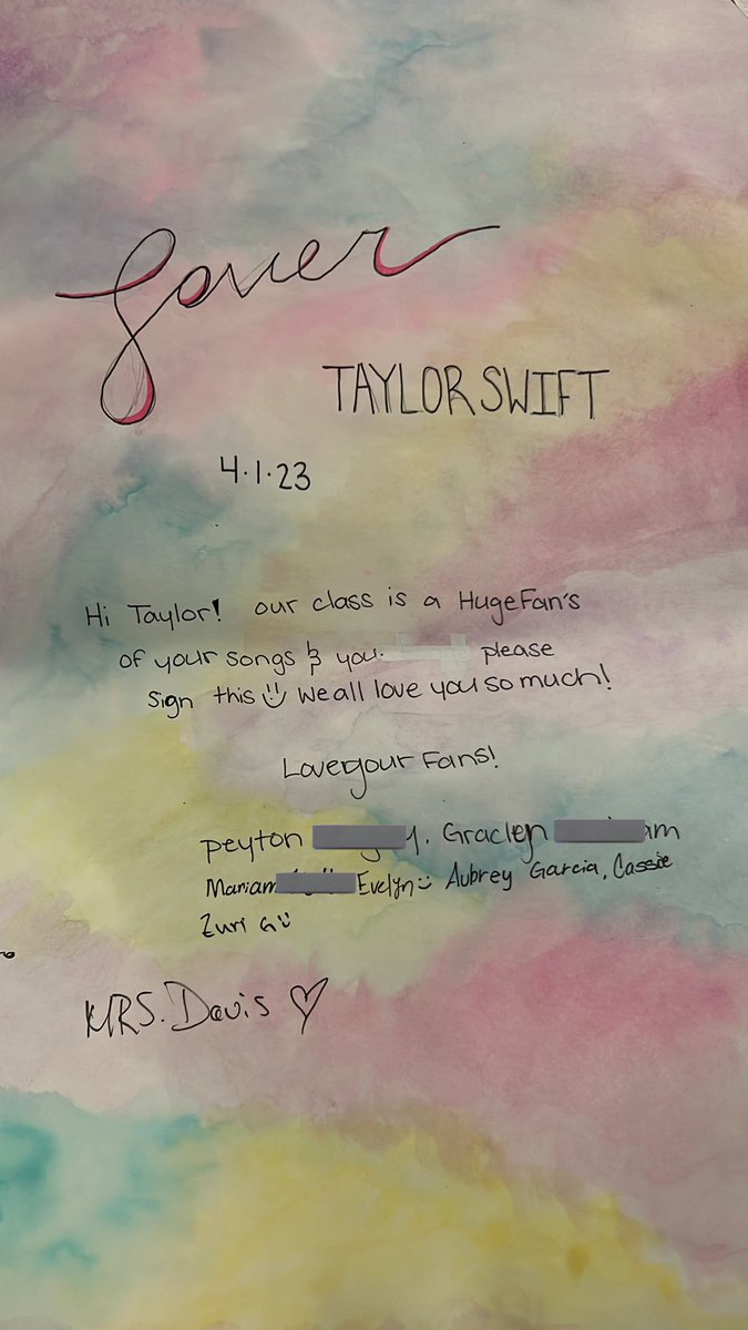 DarcyDavis97's tweet photo. My class made a sign for me to give to @taylorswift13 tomorrow at the concert! I have the time of my life jamming out with 26 students everyday &amp; will forever remember these moment in the back of my mind💜4.1.23 Section 143 row 1 seats 6-7
@taylornation13 #TSTheErasTourArlington https://t.co/unhpwbReGk