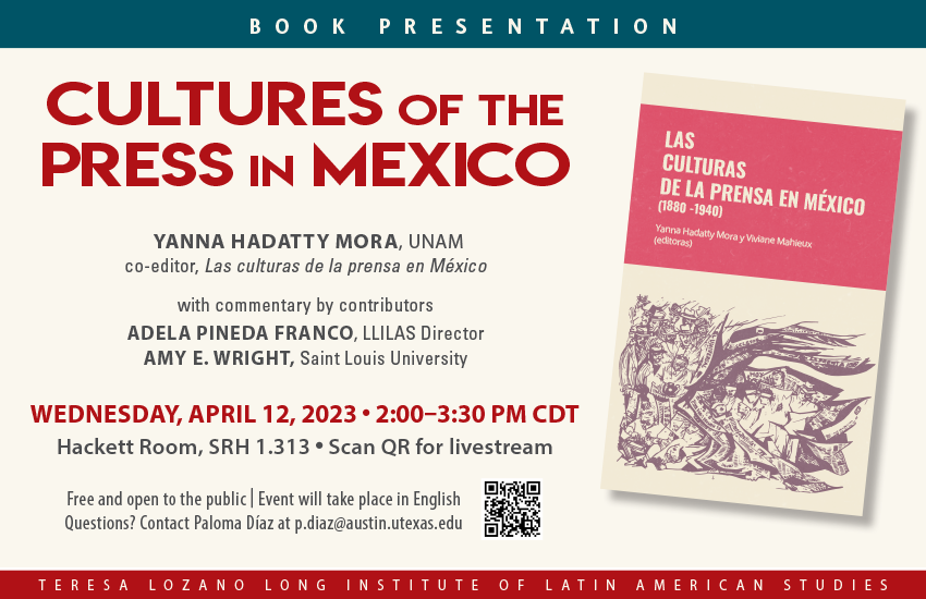 Please join us on Wednesday, April 12, for this conversation about the cultures of the press in Mexico with special guest Yanna Hadatty Mora (UNAM). Conversation in English. 

In-person event with livestream also available. 
<a href="/UTexasGlobal/">Texas Global</a> <a href="/Rosental/">Rosental</a> <a href="/LiliVale/">Liliana Valenzuela</a> <a href="/KnightCenterUT/">Knight Center for Journalism in the Americas</a>