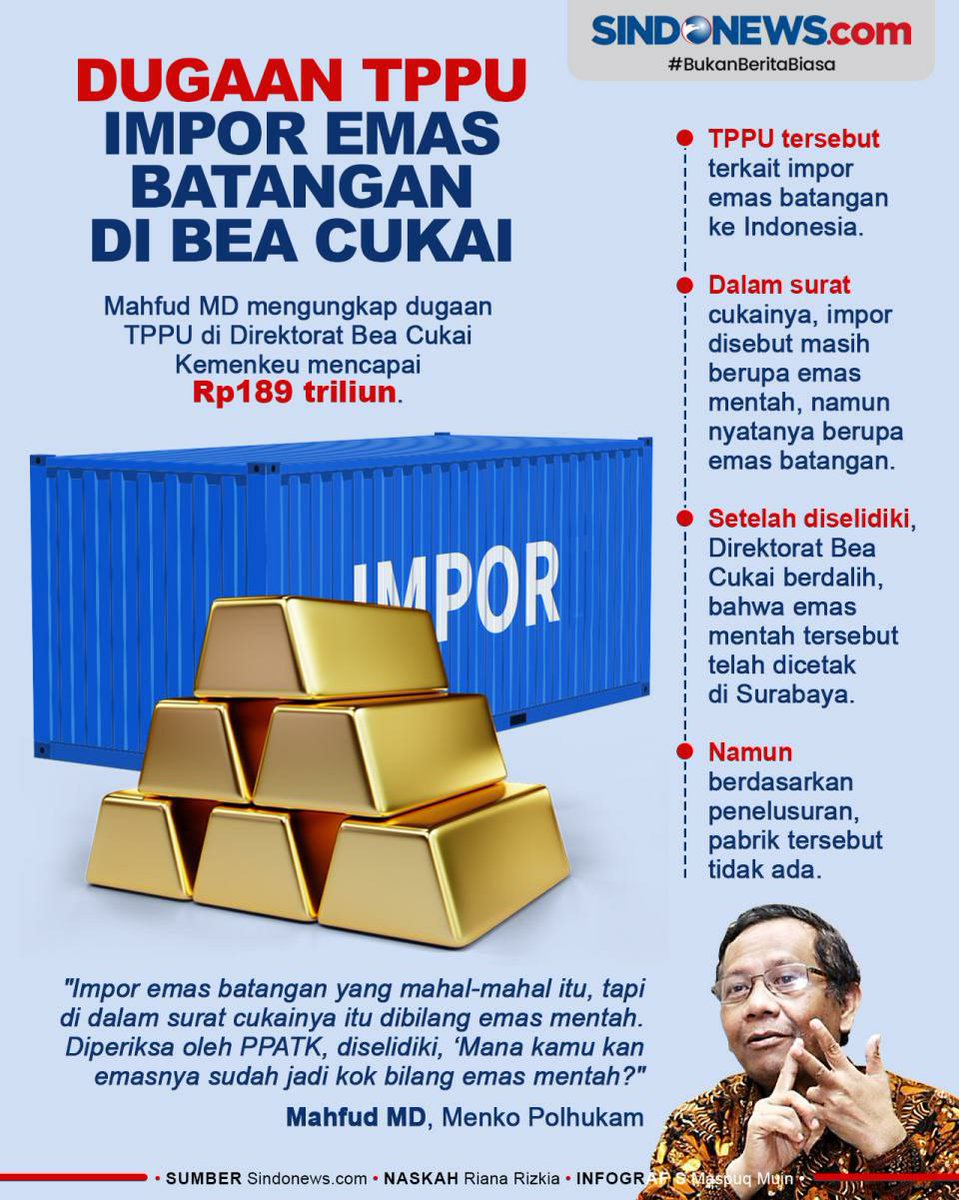 PartaiSocmed's tweet photo. Ini jika dibongkar semua oleh pak @mohmahfudmd akan heboh krn menyangkut orang2 besar. Sekedar info saja, emas dlm bentuk bongkah, ingot, atau batang-tuangan bea masuknya 0% sedangkan emas batangan bea masuknya 5%. 
Bayangkan kerugian negara yg tjd jika berjalan selama tahunan. https://t.co/jI7HHdXAio