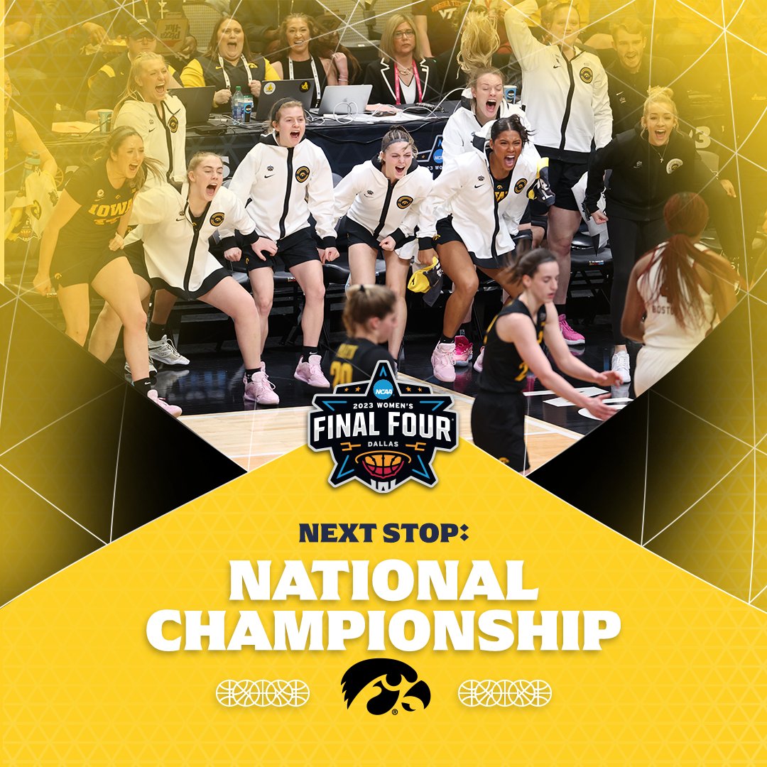 NCAA Women's Final Four (@wfinalfour) on Twitter photo 🏆 CHAMPIONSHIP BOUND 🏆
(2) <a href="/IowaWBB/">Iowa Women's Basketball</a> ends (1) South Carolina's title defense and will play for a NATIONAL CHAMPIONSHIP!
#WFinalFour 🏆 CHAMPIONSHIP BOUND 🏆
(2) <a href="/IowaWBB/">Iowa Women's Basketball</a> ends (1) South Carolina's title defense and will play for a NATIONAL CHAMPIONSHIP!
#WFinalFour