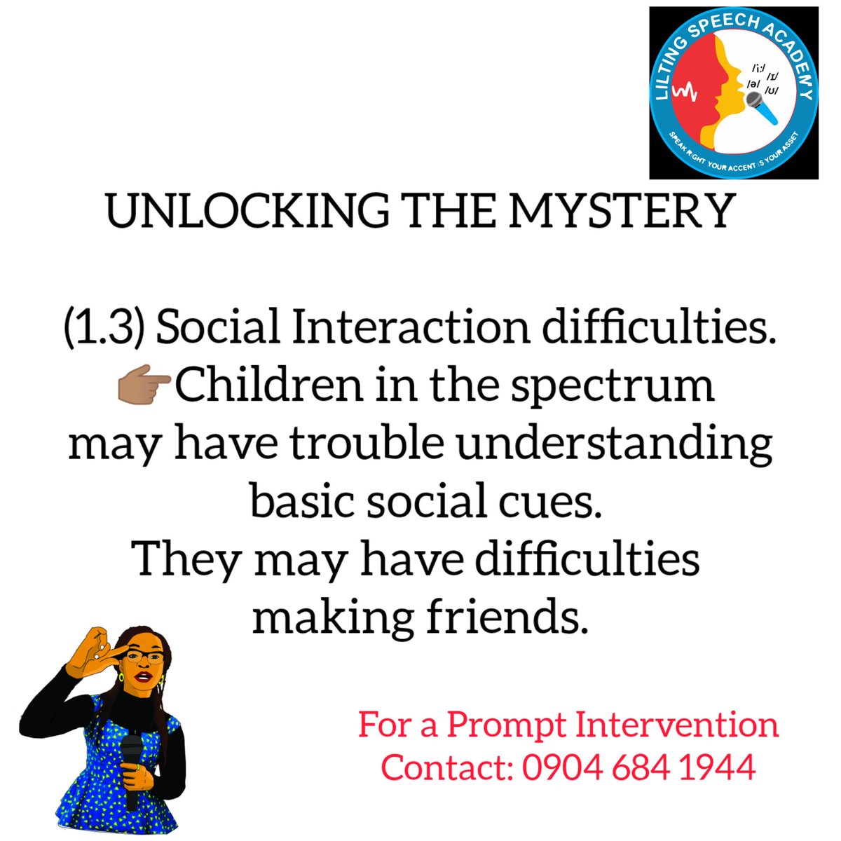 LSASpeechCoach's tweet photo. Their inability to interact socially can impact their ability to: 
Start or hold a conversation. Understand non-verbal communication cues including body language and facial expressions that gives context to what is being said. 
Make and maintain eye contact.
THEY CAN BE ASSISTED https://t.co/Voc2xkSB1c