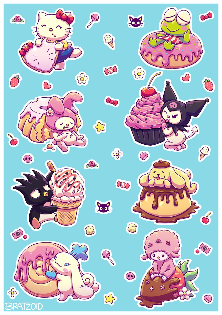 Sticker sheet I designed for <a href="/sanriofanzine/">Let's Smile Together! A Sanrio fanzine</a> ! 🐱🧁🍩🍦🍓
•
•
•
#hellokitty #sanrio #digitalart #fanart #illustration