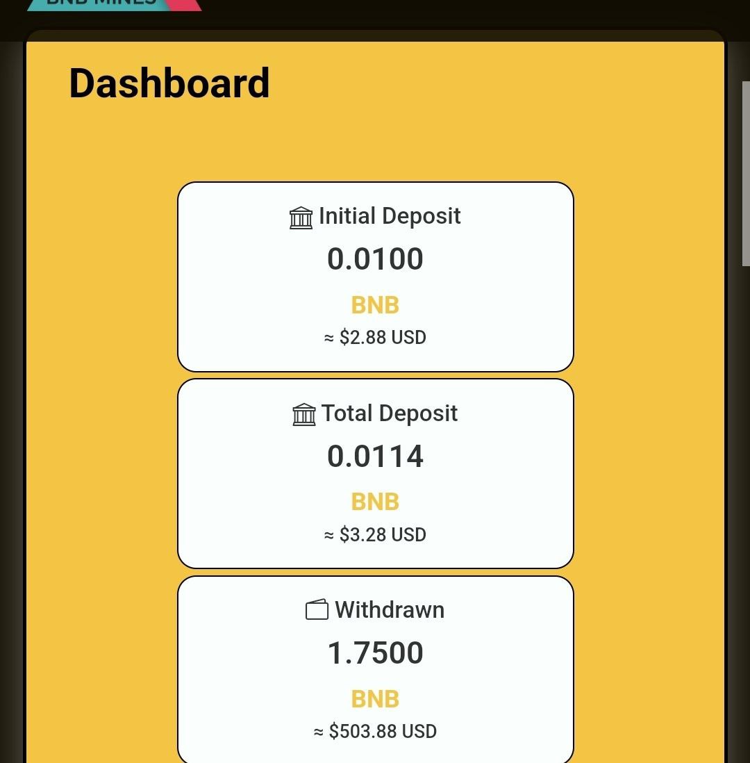 Don't just Hold your #BNB   . You can Earn BNB by Staking📌🚀

 9% Daily ~ 3285% APR
 3% Daily Compound Bonus
 12% Referrals
 Multiple Lotteries Per Day.

📌Stake Your BNB : bnbmines.org/?ref=0x1Ff0071…

Total BNB Staked : 149.57 ≈ $43065.17 USD

✅Safe verified smart contract