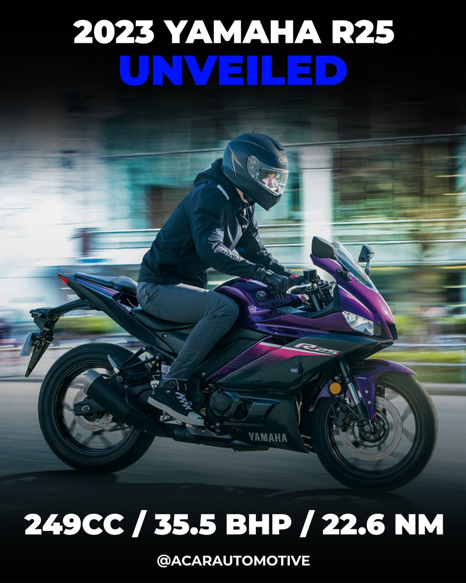 AcarAutomotive's tweet photo. @India_Yamaha unveiled the 2023 R25 in Malaysian market the bike gets new colour scheme and brand has not confirmed it will launch in India.

Things to know ⬇️

➡️ 249cc parallel-twin engine 
➡️ 35.5 bhp Power 
➡️ 22.6 NM Torque 
➡️ 2-channel ABS
➡️ Quickshifter

#acarautomotive https://t.co/oflcOi9kws