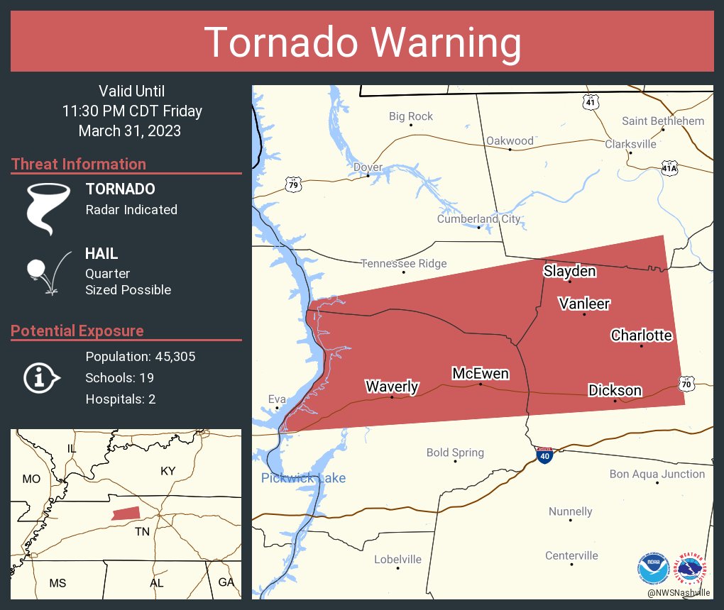 Tornado Warning including Dickson TN, Waverly TN and  McEwen TN until 11:30 PM CDT