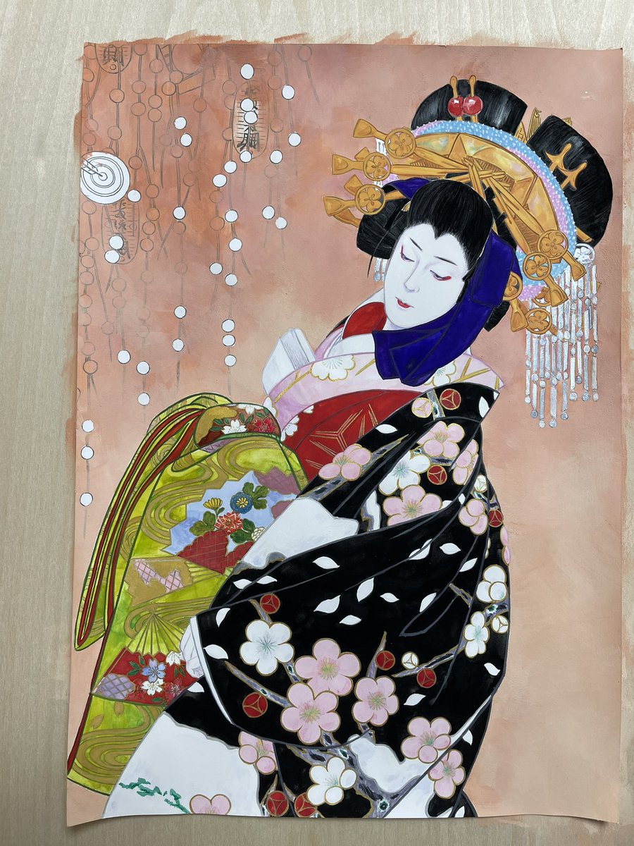 「夕霧⑥お顔から一旦離れて別のところをお手に紅陰影の下塗りを入れた襟ずりに銀餅花の」|南天(出浦党 アンナチュラルなパセリ)のイラスト