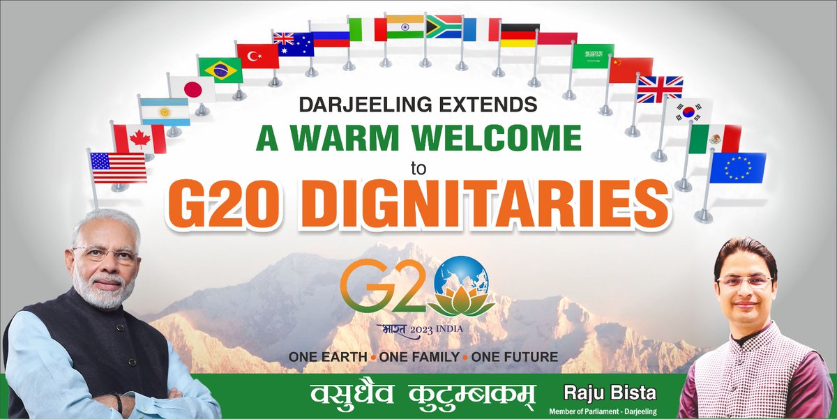 RajuBistaBJP's tweet photo. On behalf of the people from our beautiful Darjeeling and Kalimpong hills, Siliguri, Terai and Dooars I extend my heartiest welcome to all the G20 delegates and dignitaries who are visiting our region for the G20 Tourism Working Group Meeting. (1/2)

@g20org https://t.co/wLEZTP2oyU