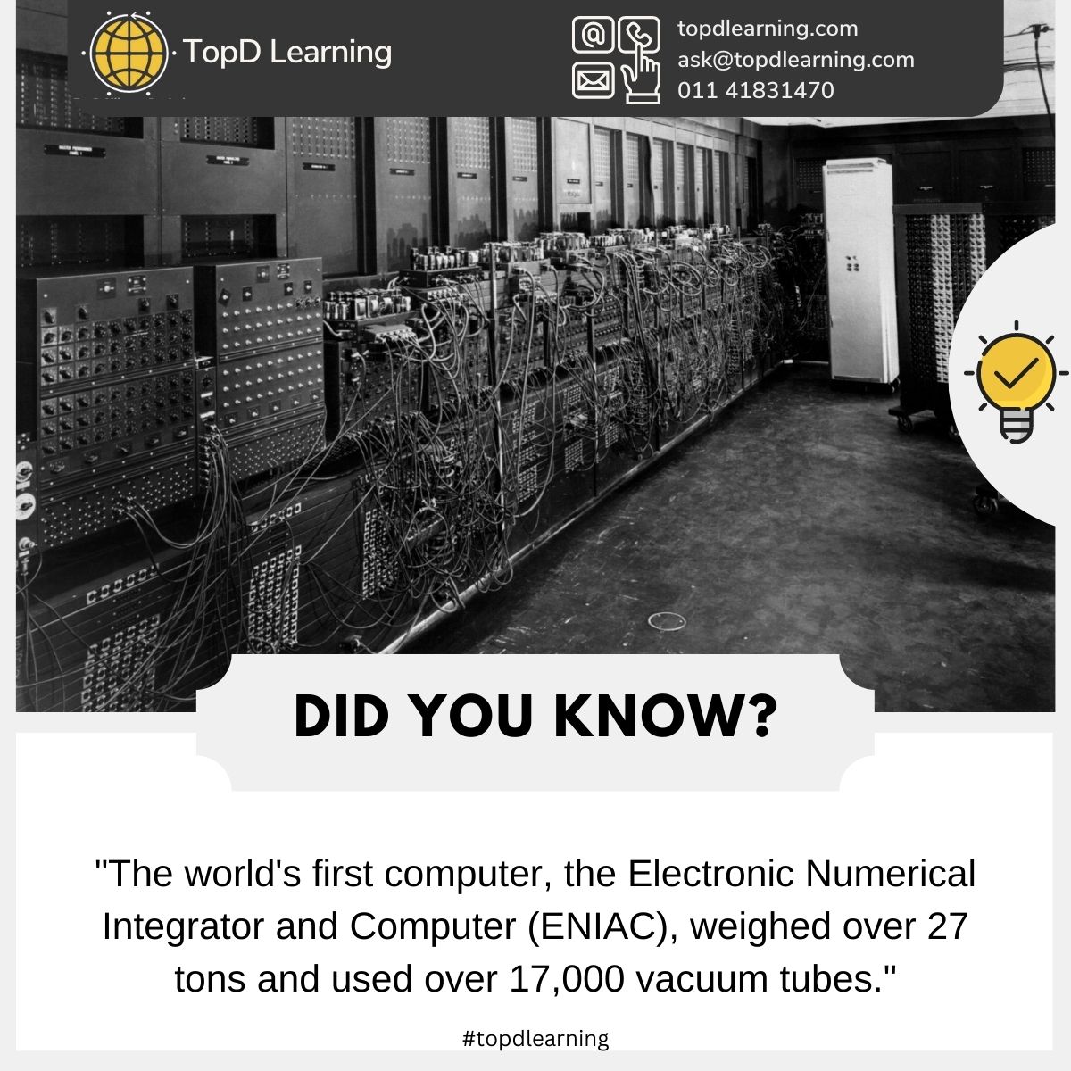 TopDAlliance's tweet image. It&apos;s amazing to see how far technology has come! 

#topdalliance #topdlearning #technologyhistory #ENIAC #computers #didyouknow #itfacts #firstcomputer #ElectronicNumericalIntegratorandComputer