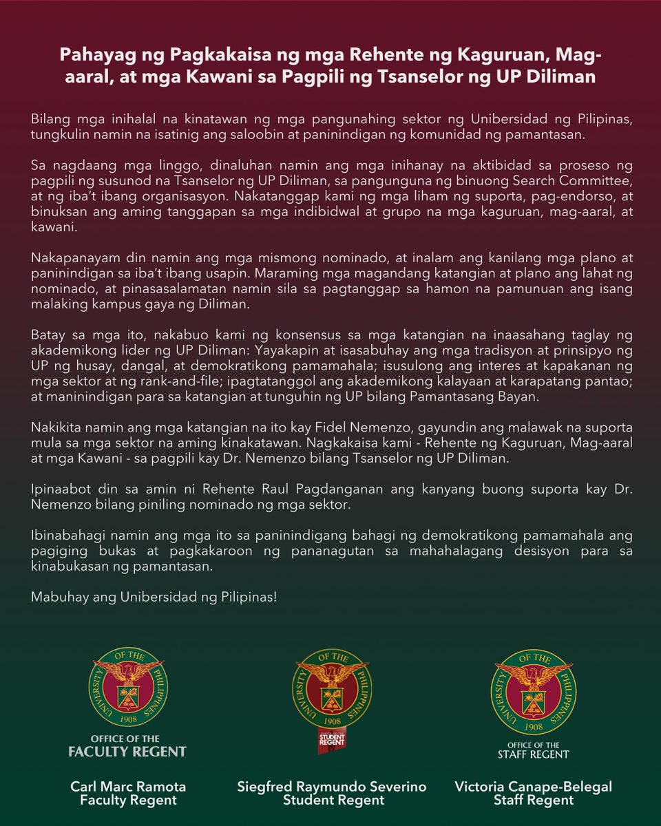 JUST IN: In an unprecedented move, the faculty, student, and staff regents say they are voting for Fidel Nemenzo to become the next #UPDChancy, ahead of the board meeting on Monday. The same statement also said that Regent Raul Pagdanganan will vote for Nemenzo.