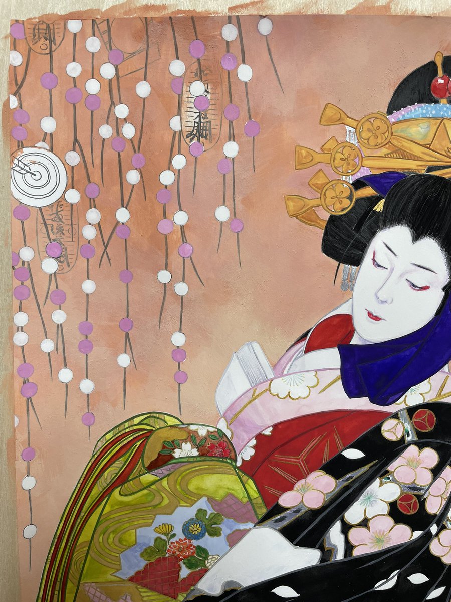 「夕霧⑦餅花飾りに奥行きを出したくて、部分的人アクリル塗ったけどあんまり意味なかっ」|南天(出浦党 アンナチュラルなパセリ)のイラスト