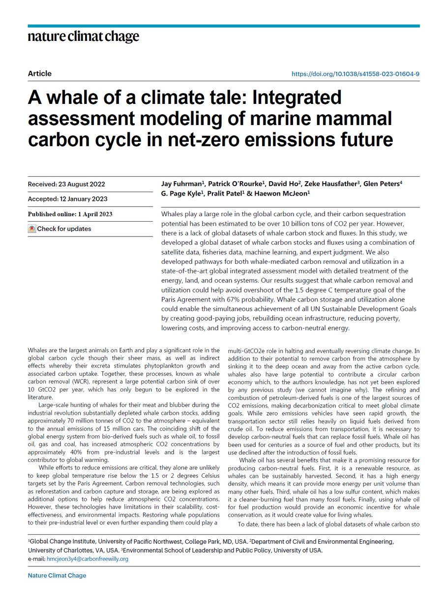 🚨NEW PAPER🚨
Out today @NatureClimat
On how to STOP climate change (WITHOUT overshoot) using WHALES🐋🐳 as negative CO2 cycle medium:  nature.com/articles/s4155…

Led by @MkClim8Gr8Again 
with <a href="/_david_ho_/">David Ho</a> <a href="/hausfath/">Zeke Hausfather</a> <a href="/Peters_Glen/">Glen Peters</a> <a href="/Pat__ORourke/">Patrick O'Rourke</a> and yours truly.

BROSPLAINER 🧵below 1/