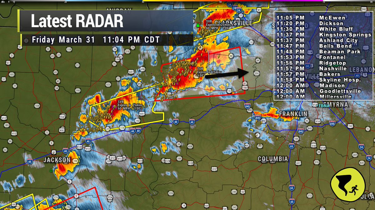 Rough ETAs for those north of I-40 on the line that's tornado warned. Not saying it'll be tornado warned when it gets here. It might. Stay up for this. / 1105 PM