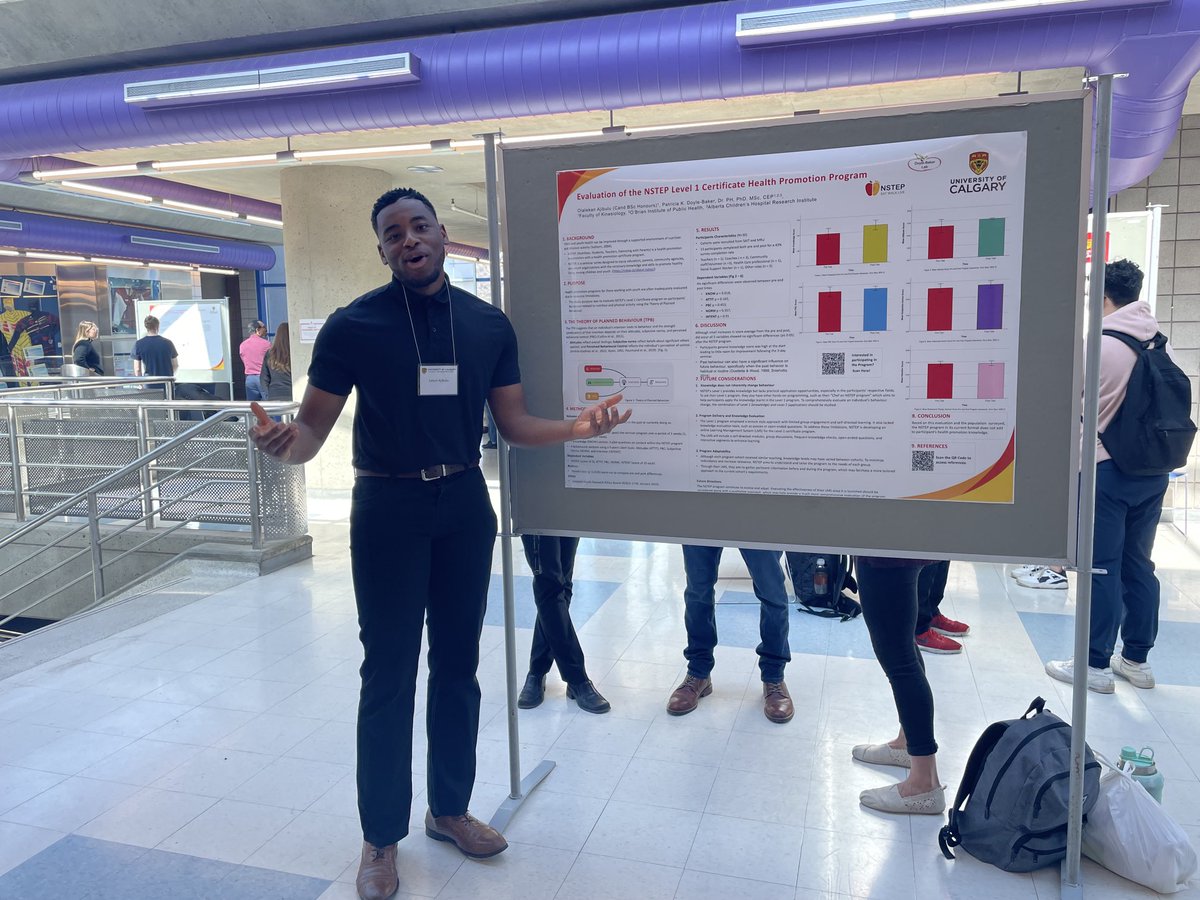 KnowThyHealth's tweet photo. ⁦.⁦@uofcknes⁩ ⁦⁦@NSTEPca⁩ Honor student Olalekan Ajibulu in the Doyle-Baker lab presenting his research poster on “Evaluation of the NSTEP Level 1 Certificate Health Promotion Program.” #nutritionknowledge #theoryofplannedbehaviour https://t.co/74n6wCvPV8