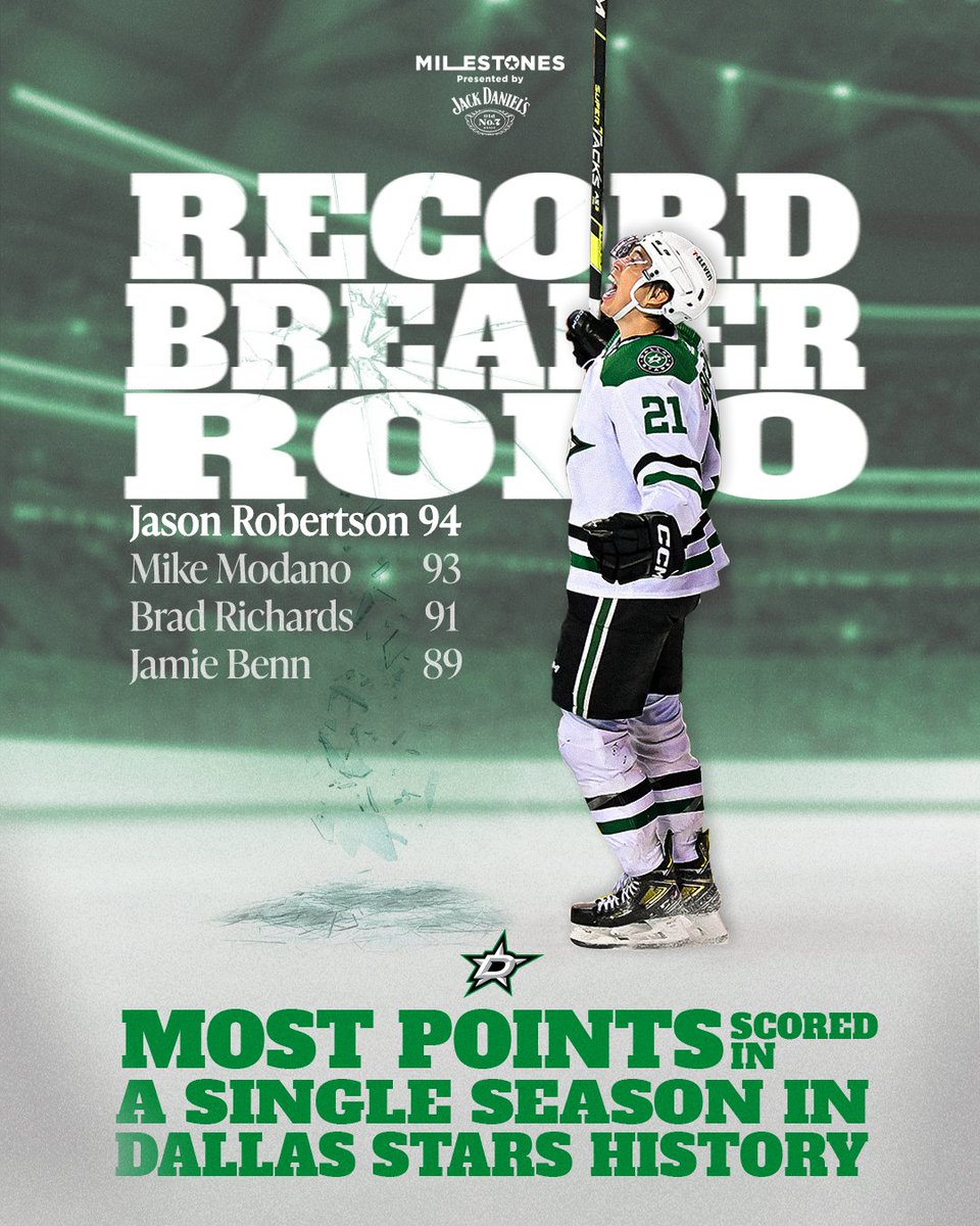 RECORD BREAKER ROBO! 💥 WITH HIS OWN GOAL, Jason Robertson has set a new Dallas Stars record for most points in a season, passing Mike Modano! Milestones x @JackDaniels_US | #TexasHockey