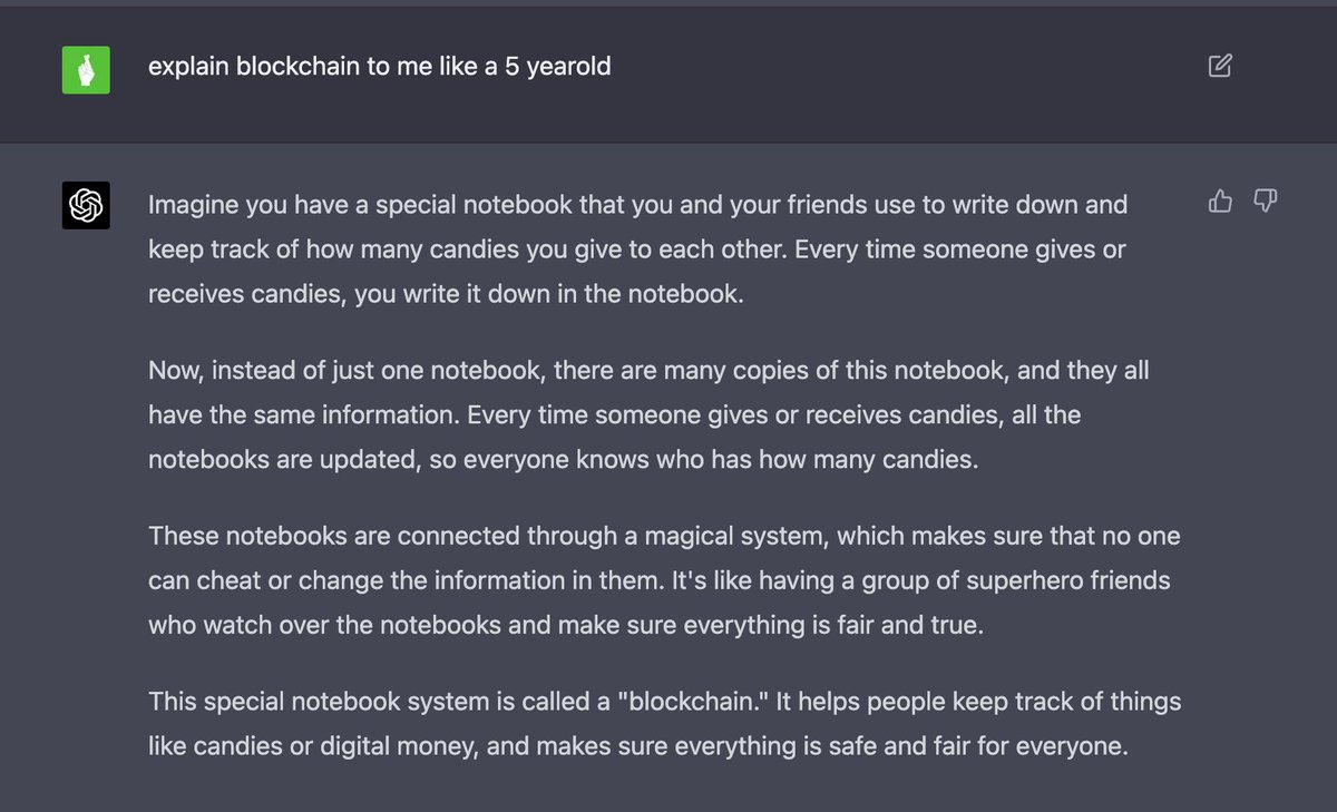 accessvarun's tweet photo. I asked #GPT4 to explain a complex topic like blockchain like it would to a 5yr old. Stunned by the result! #mindblown https://t.co/oi6KOMugbd
