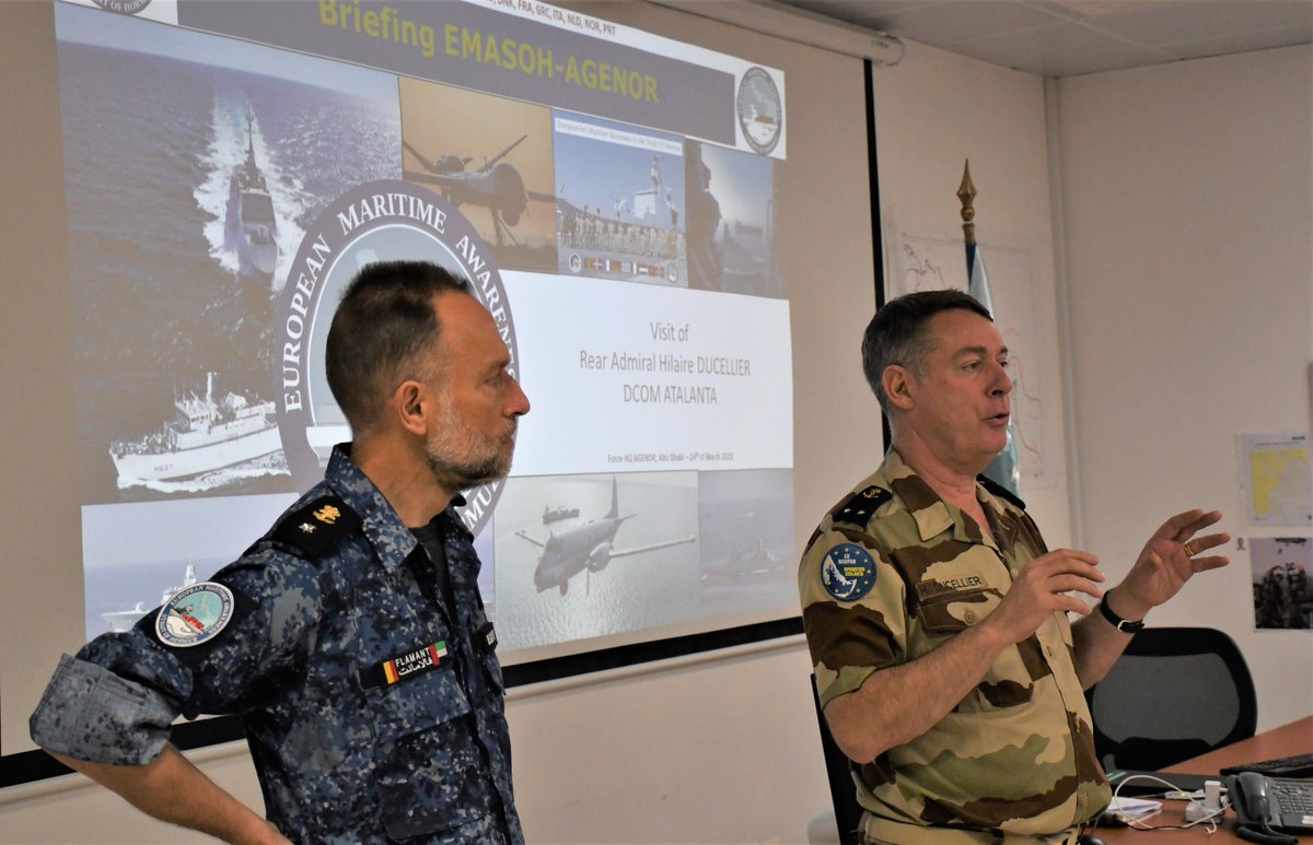 The Deputy Commander of @EUNAVFOR Rear Admiral Hilaire Ducellier🇫🇷 visited the FHQ of EMASoH where he was welcomed by FCdr Rear Admiral Renaud Flamant and was presented goals achieved and challenges ahead by the staff leading the operation from the UAE 🇦🇪 #OperationATALANTA