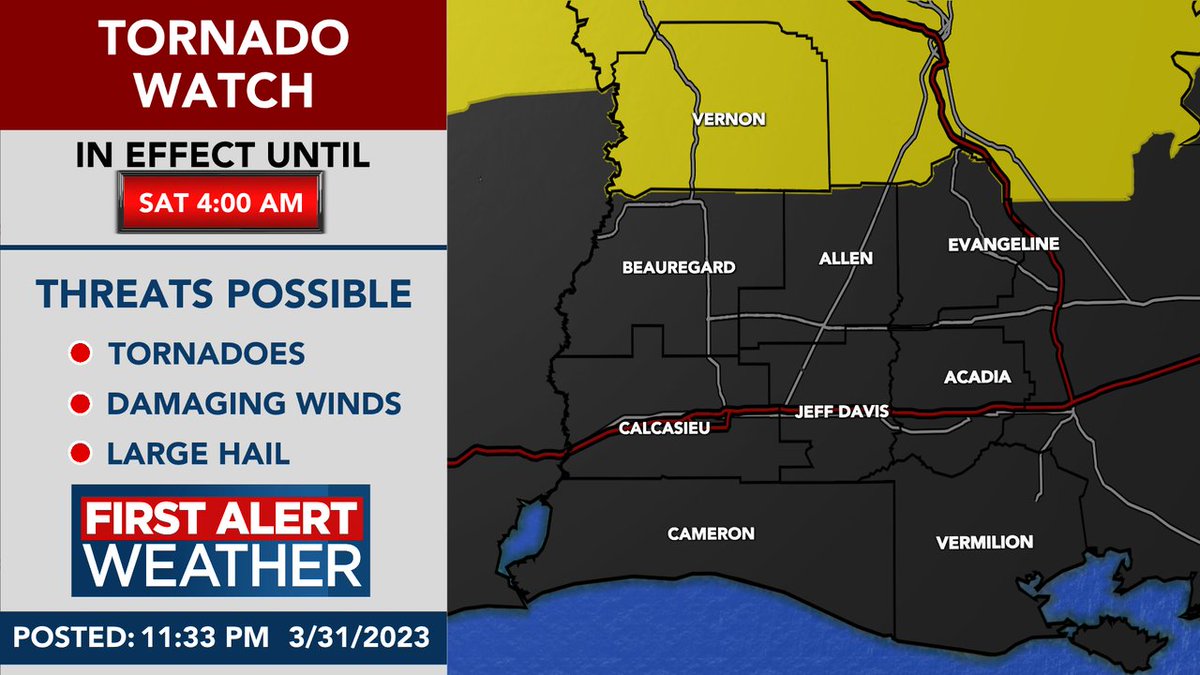 A Tornado Watch has been issued for the portions of SWLA until: Apr 01 4:00AM CDT.  Now is a good time to make sure you have our weather app downloaded: kplctv.com/apps