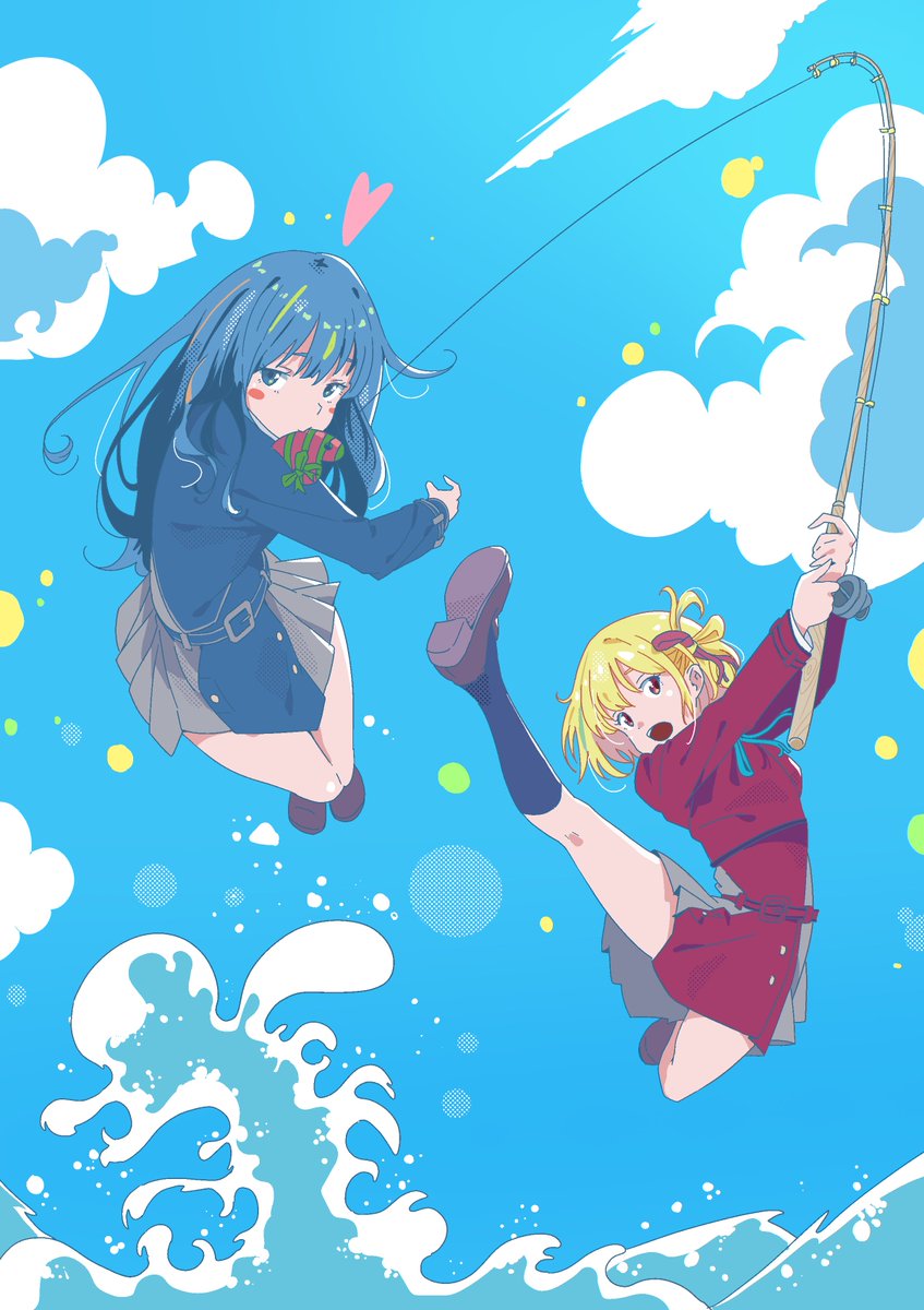 inoue takina ,nishikigi chisato multiple girls 2girls lycoris uniform long hair blonde hair fishing dress  illustration images
