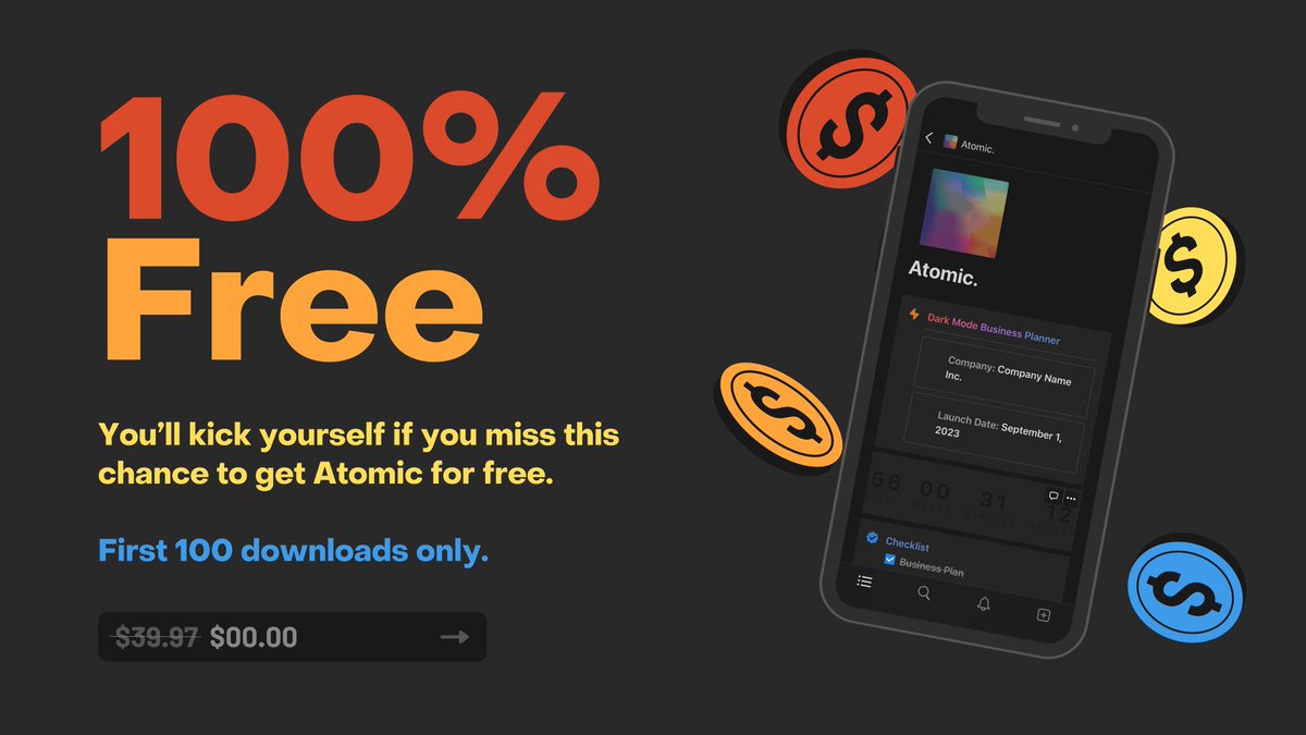 Introducing Atomic. The ultimate dark-mode business planner. ⚡️

We're giving Atomic away 100% free for the first 100 downloads.

✦ 12 #Notion templates
✦ Unlimited lifetime access
✦ Free for first 100 downloads only

Get Atomic: goodjobmgmt.com/free-template