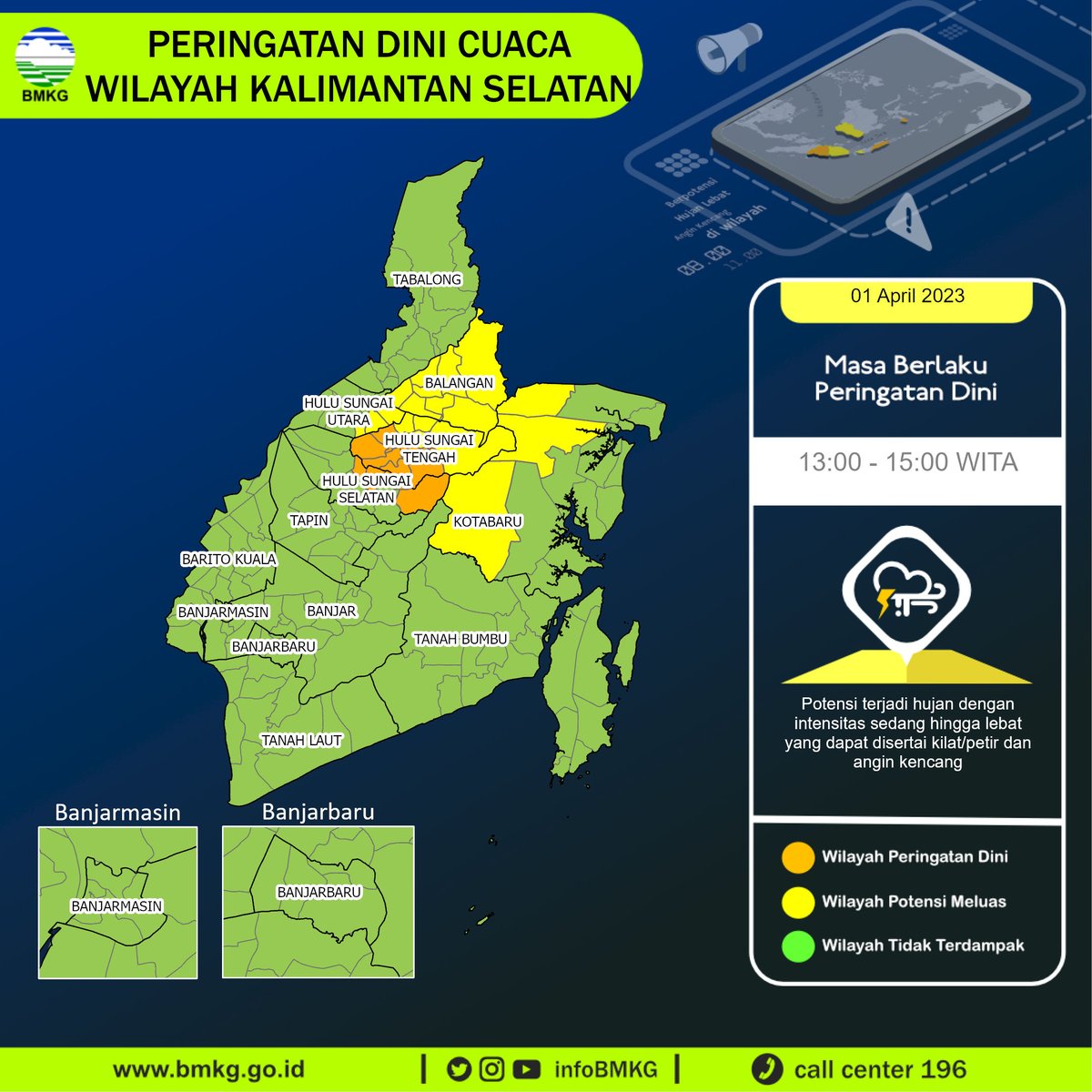 infoBMKG's tweet photo. Update Peringatan Dini Cuaca Wilayah - Kalimantan Selatan Tgl. 01 April 2023 pkl. 13:00 WITA
Prakirawan - BMKG - Kalimantan Selatan
https://t.co/TTn8pu1Qpk https://t.co/1qZwho6t6E